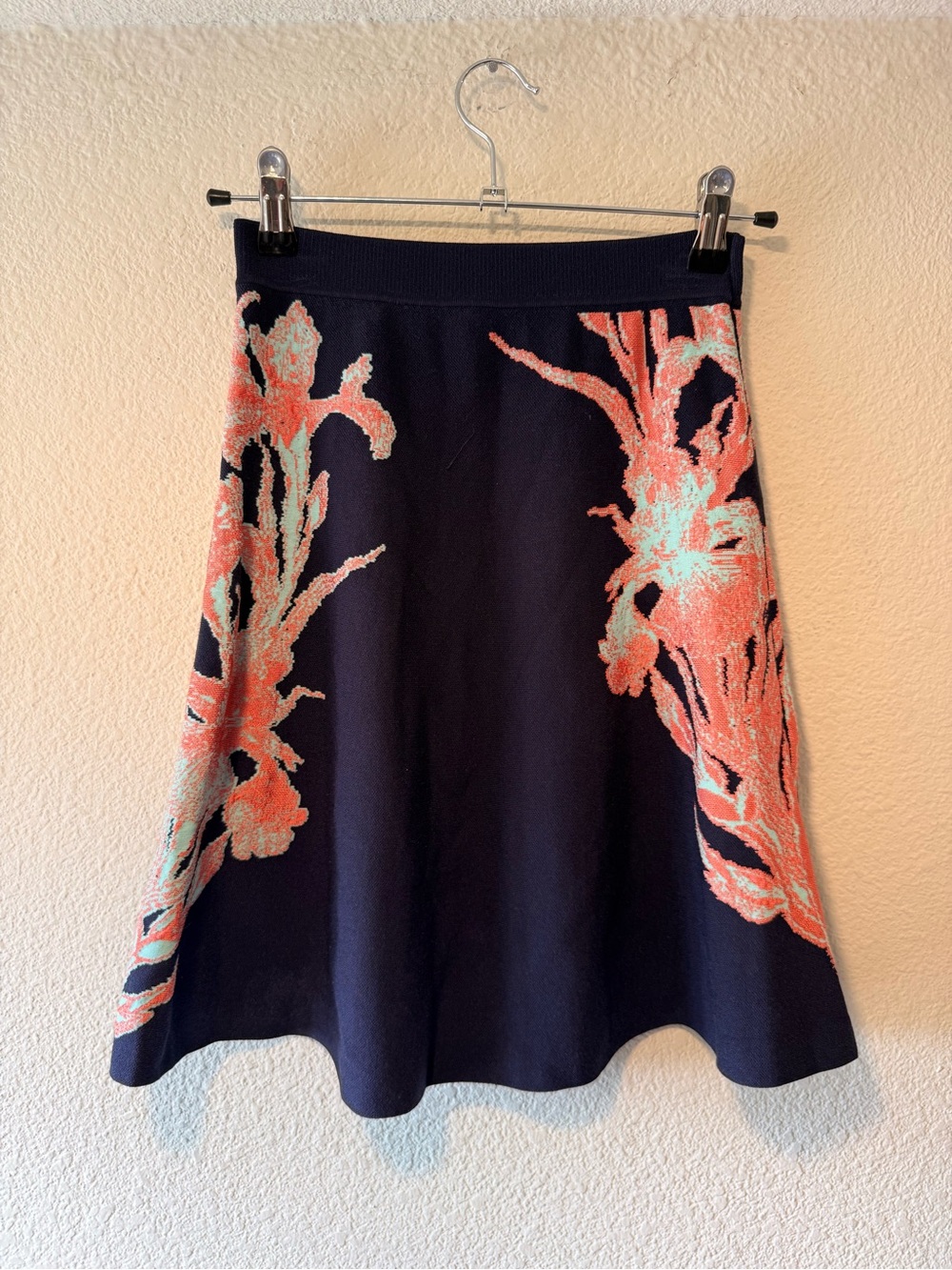 ROBERTO CAVALLI Navy Floral A-Line Skirt with Coral Accent